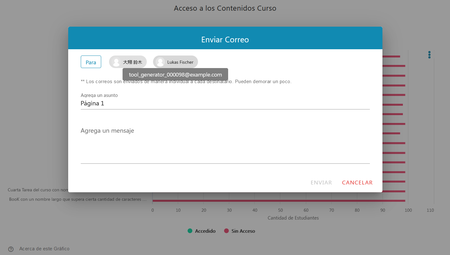 Ventana modal para envío de emails a estudiantes