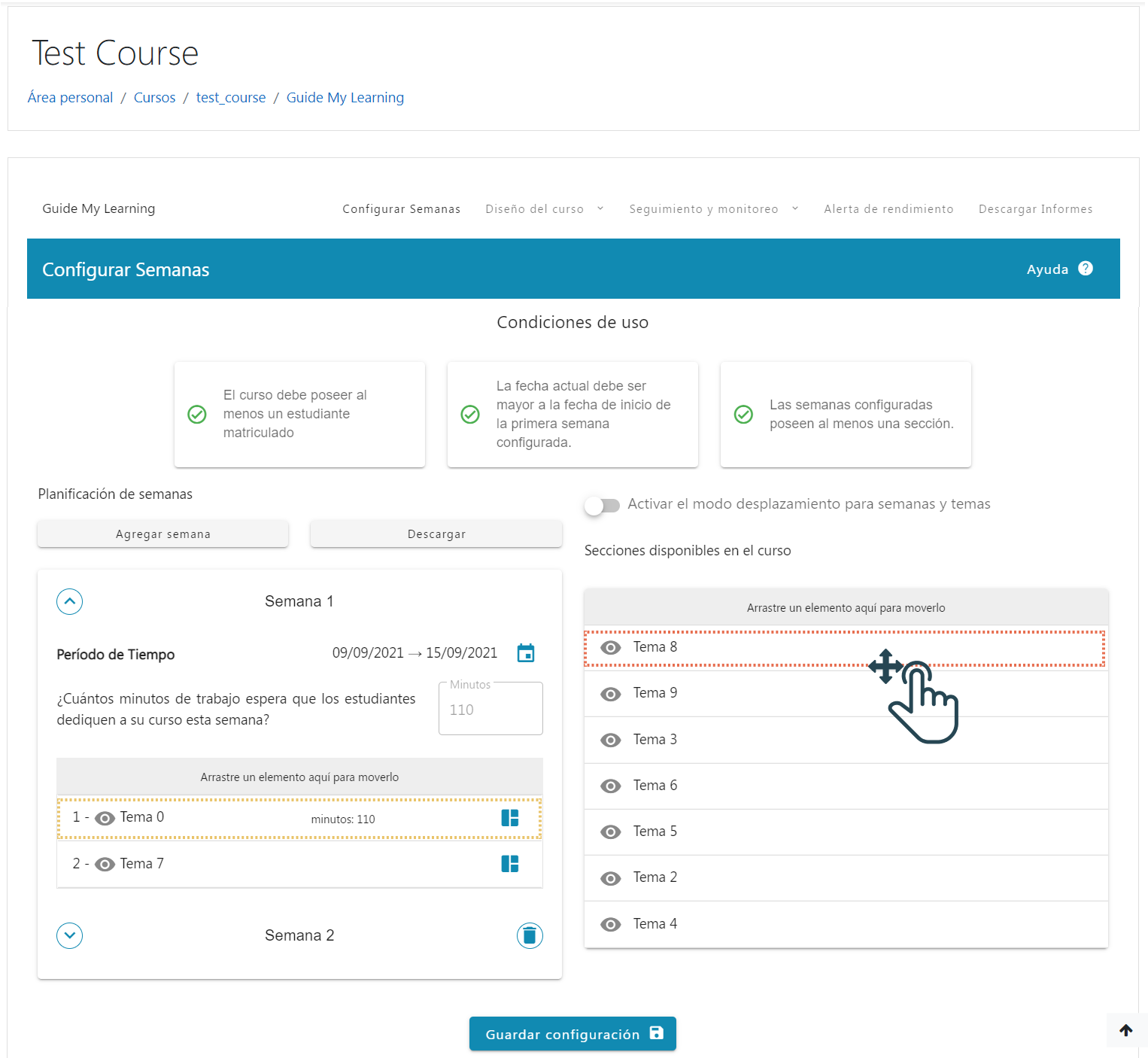 Configuración de semanas de estudio